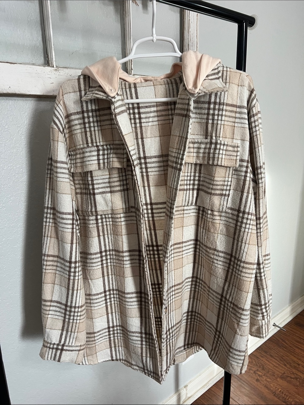 Plaid Hooded Shacket Jacket - Beige/Tan